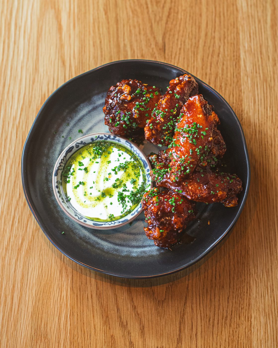 Saucy glazed wings with a bright dipping sauce